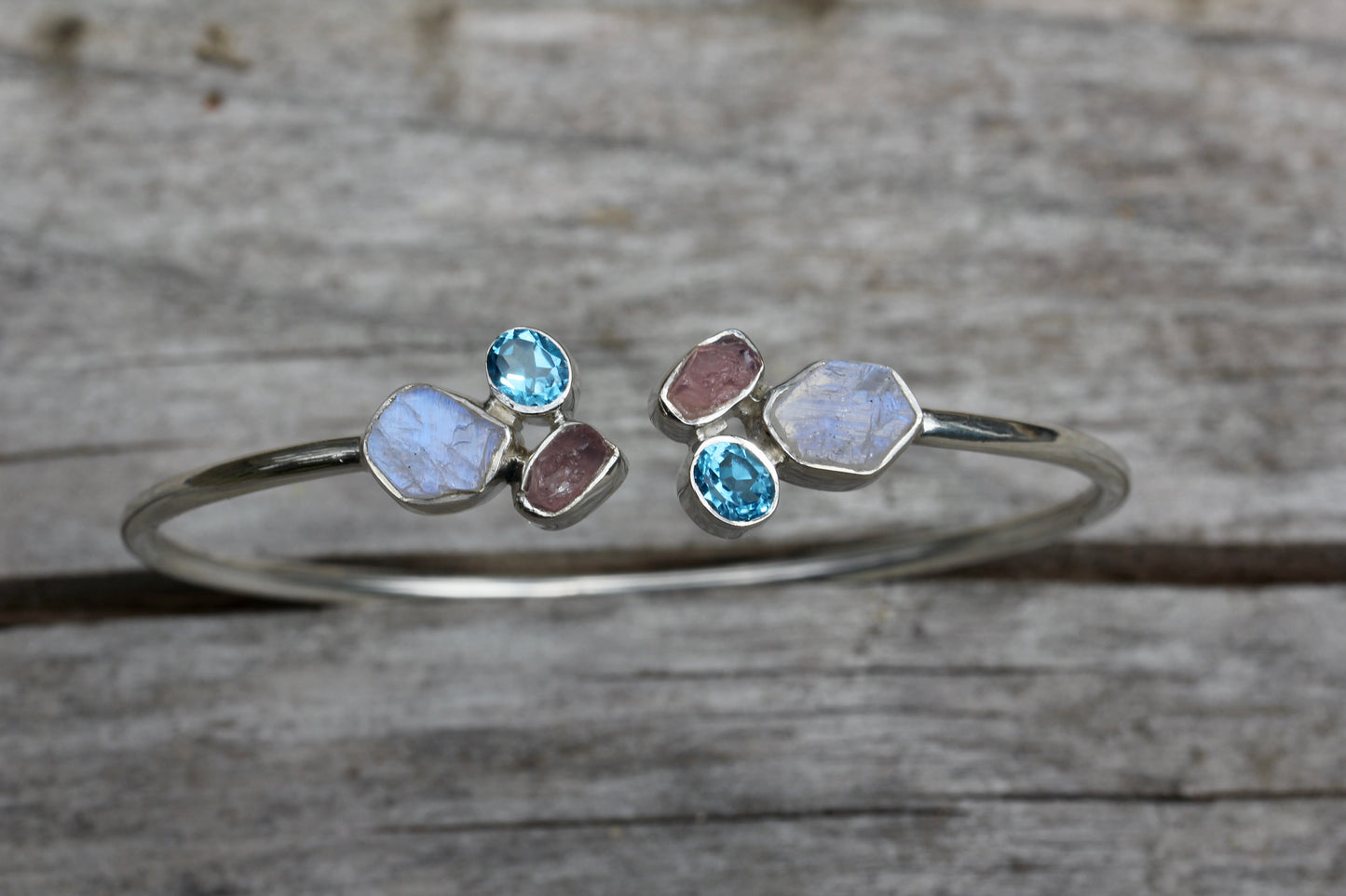 Rainbow Moonstone Blue Topaz Rose Quartz Silver Flex Bracelet