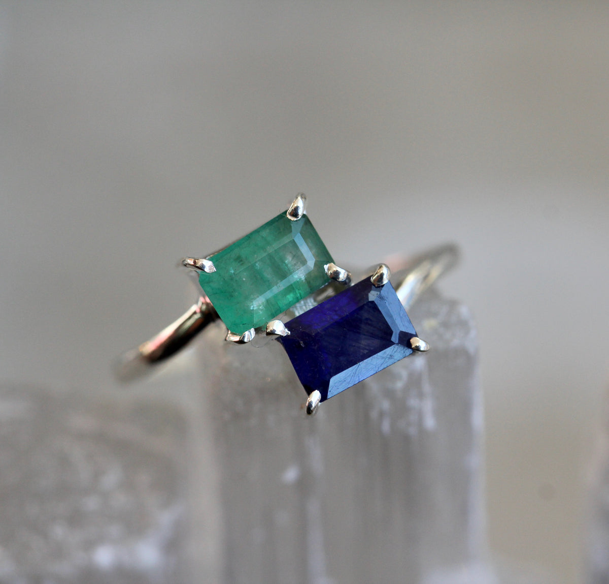 Sapphire Emerald Silver Ring
