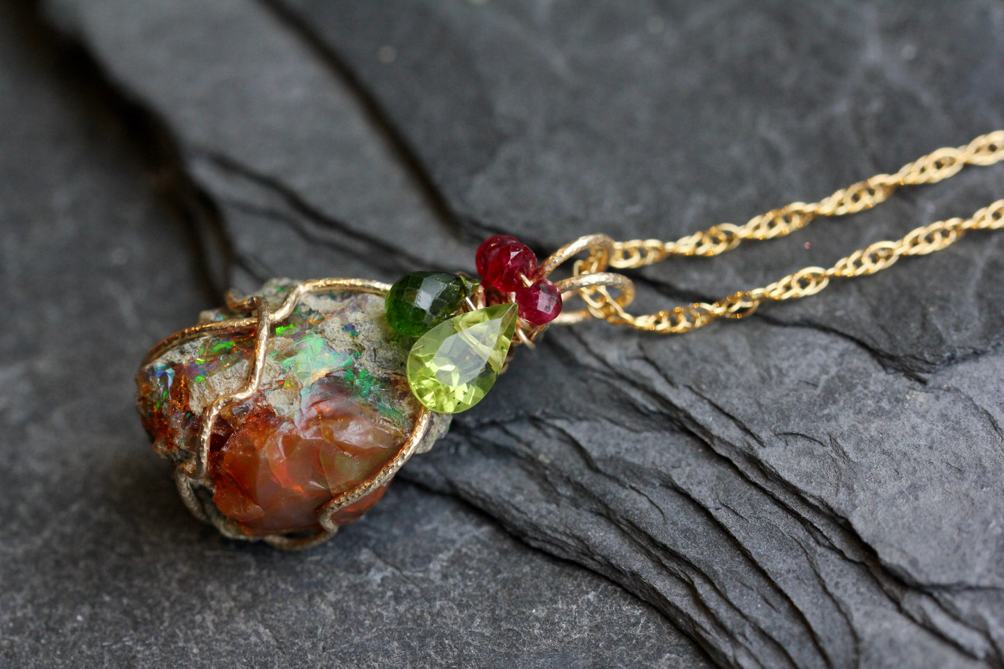 Rough Opal with Diopside, Peridot and Ruby Pendant