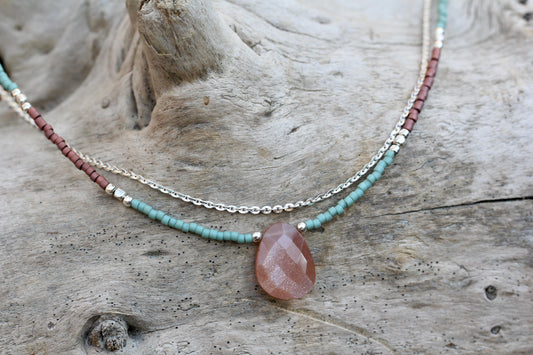 Peach Moonstone Delica Glass Bead Silver Necklace