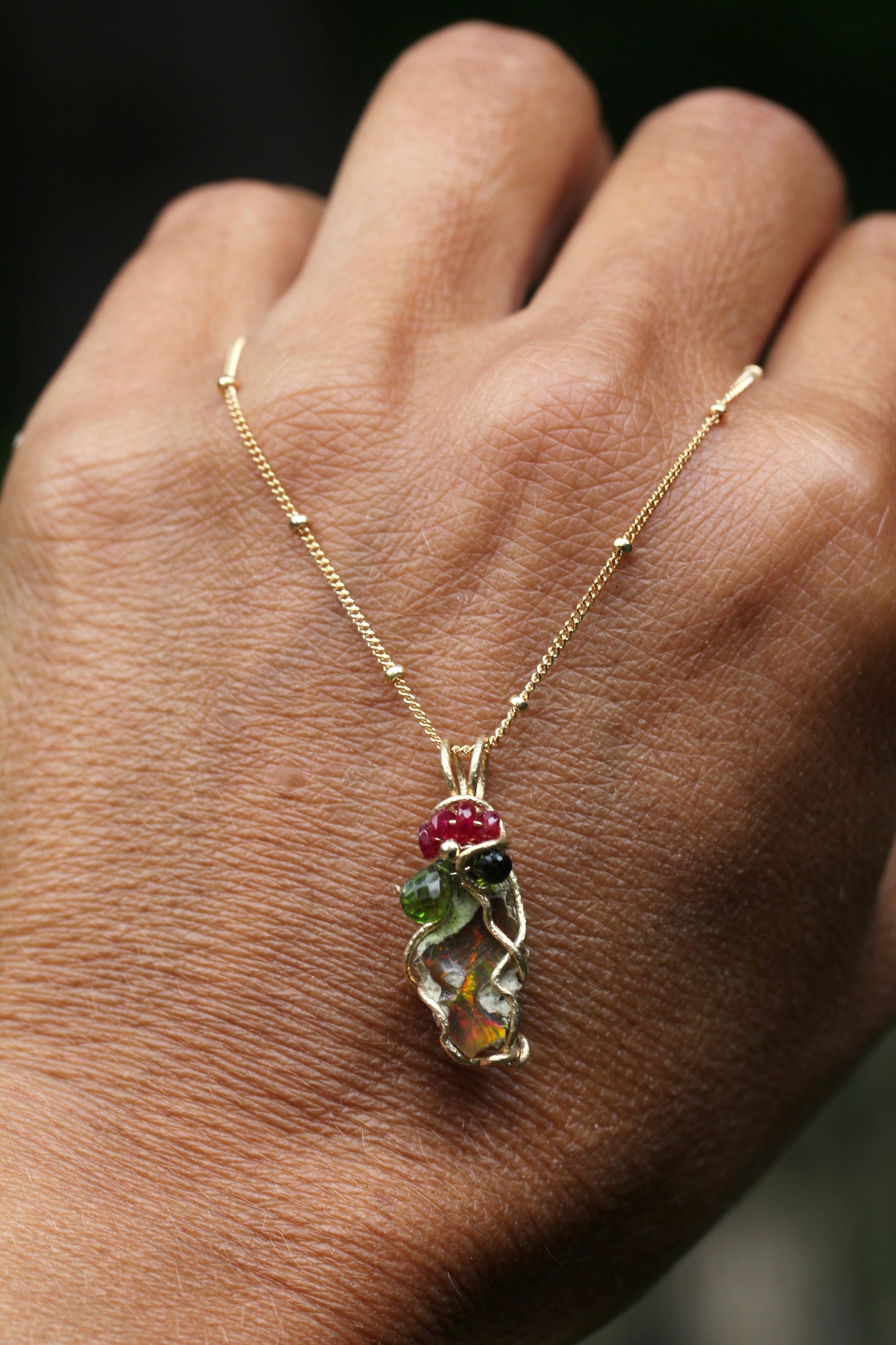 Opal Ruby Diopside Gold Necklace