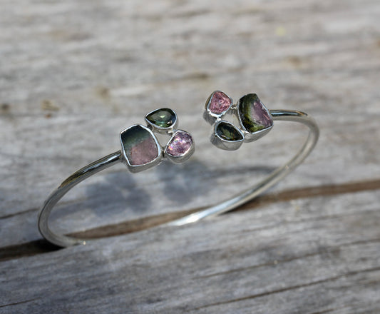 Watermelon Tourmaline Cluster Silver Bracelet
