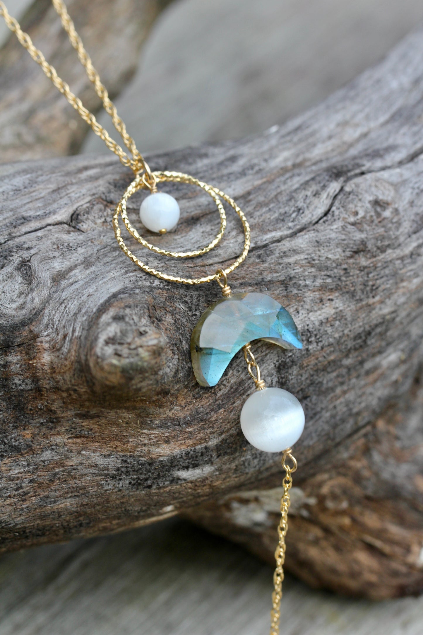 Labradorite Selenite Moon Goddess Gold Necklace