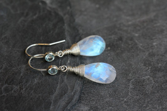 Rainbow Moonstone Blue Topaz Teardrop Earrings