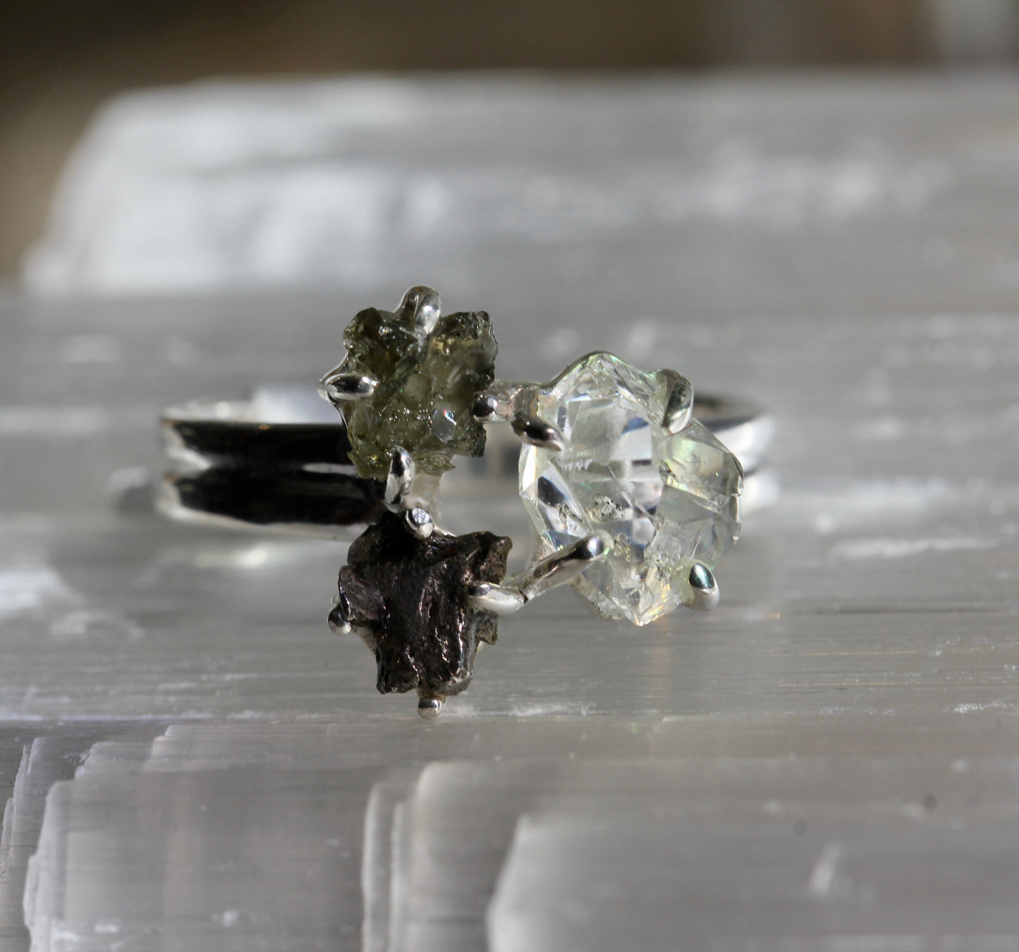 Moldavite Pakimer Diamond Meteorite Ring