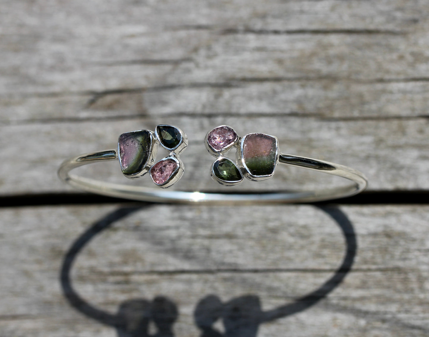 Watermelon Tourmaline Cluster Silver Bracelet