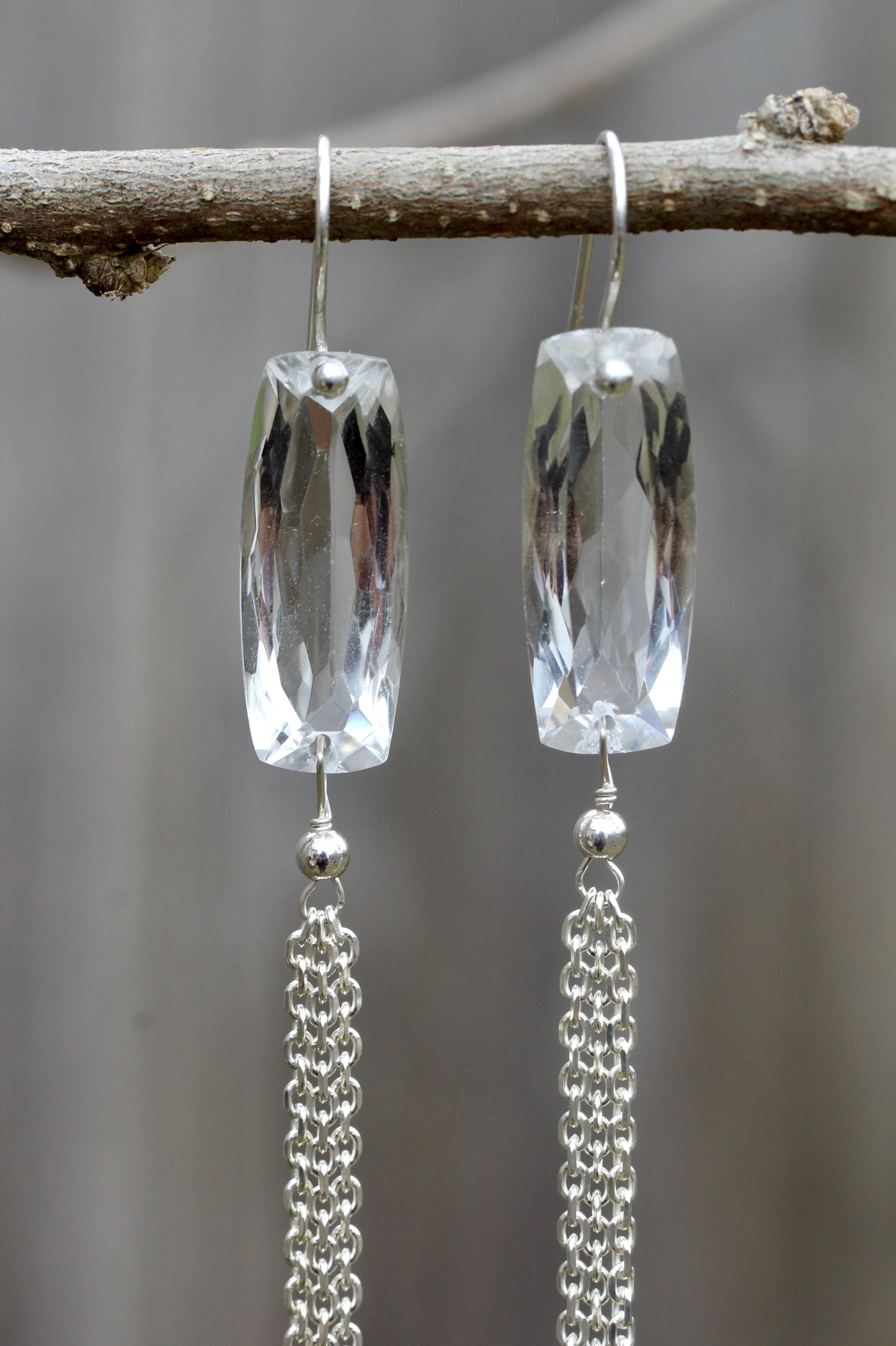 Quartz Baguette Silver Chain Fringe Earrings