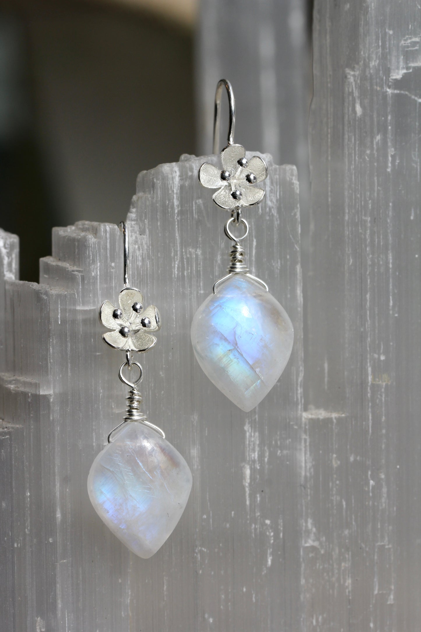 Rainbow Moonstone Flower Drop Earrings