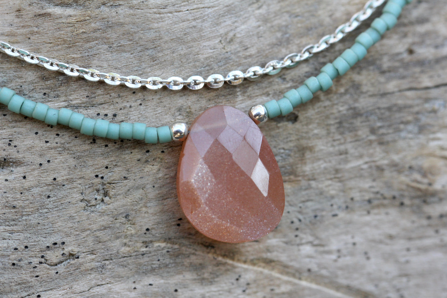 Peach Moonstone Delica Glass Bead Silver Necklace