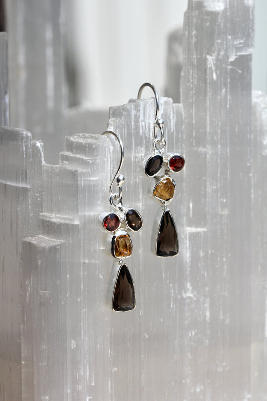 Smokey Quartz Garnet Citrine Earrings