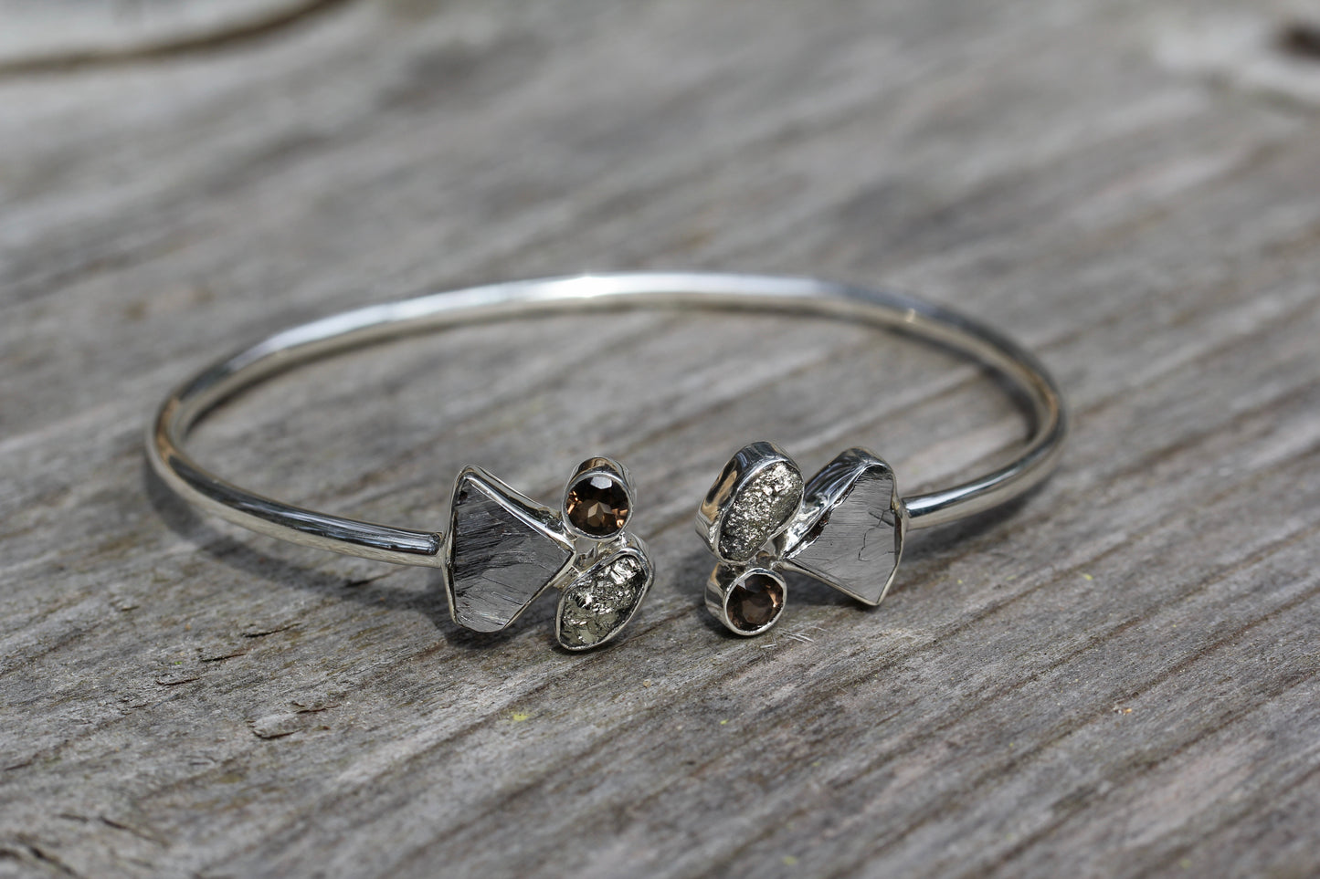 Meteorite Pyrite Smokey Quartz Silver Cuff Bracelet