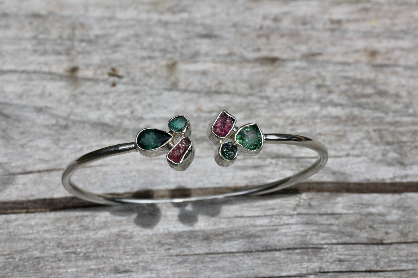 Indicolite and Pink Tourmaline Cluster Silver Bracelet