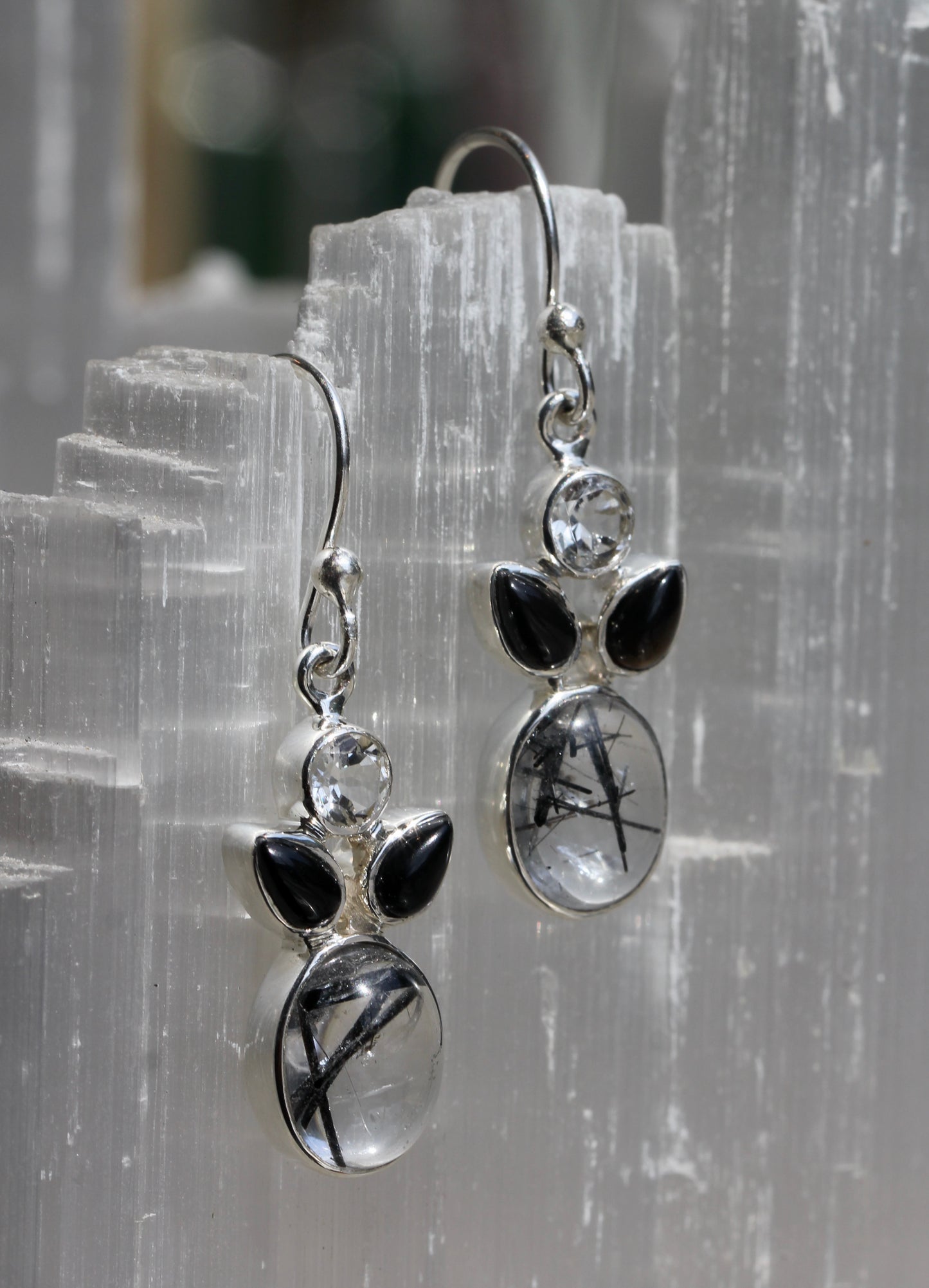 Tourmalinated quartz Onyx White Topaz Earrings
