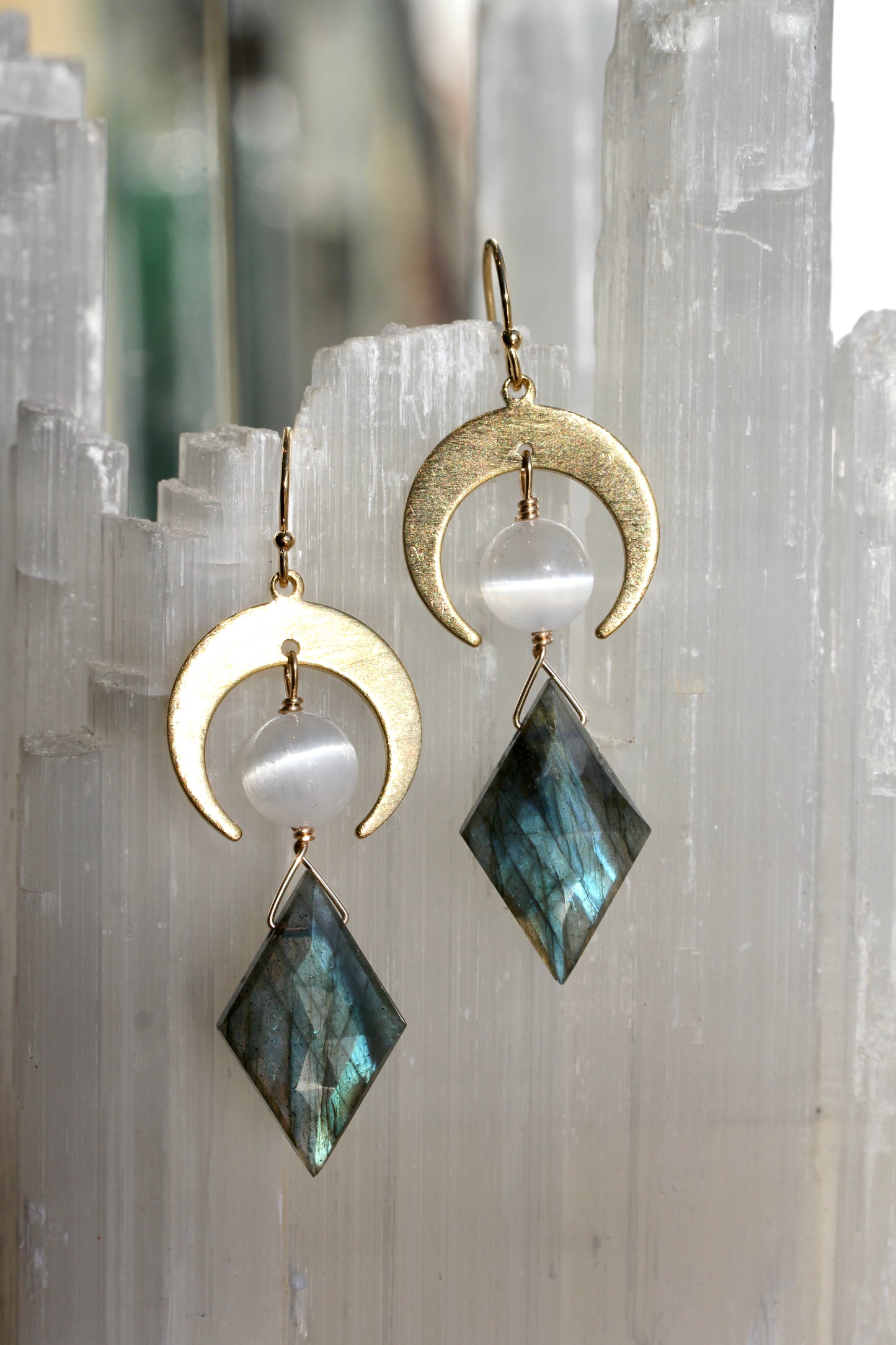 Labradorite Selenite Brass Moon Earrings