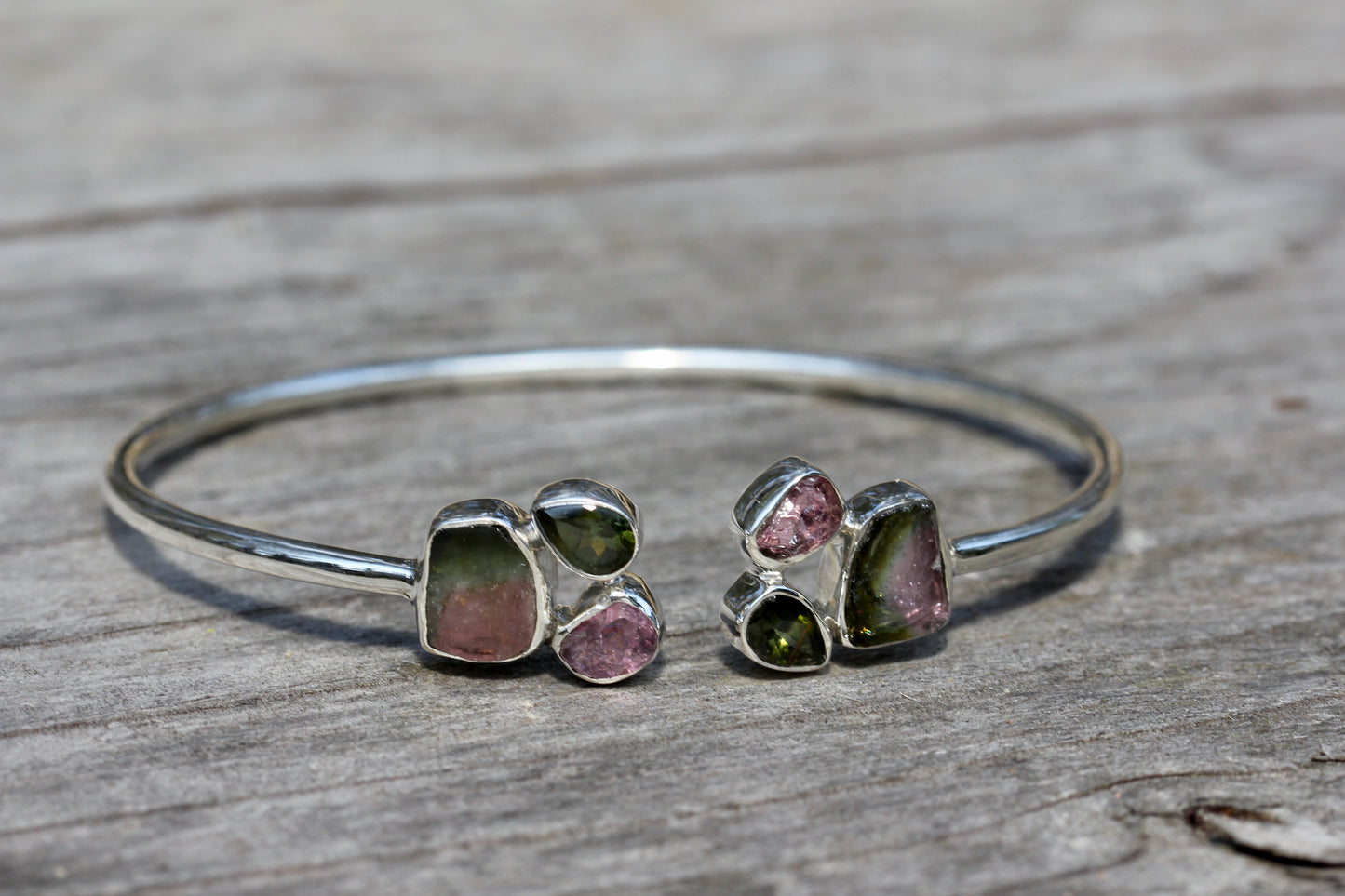Watermelon Tourmaline Cluster Silver Bracelet