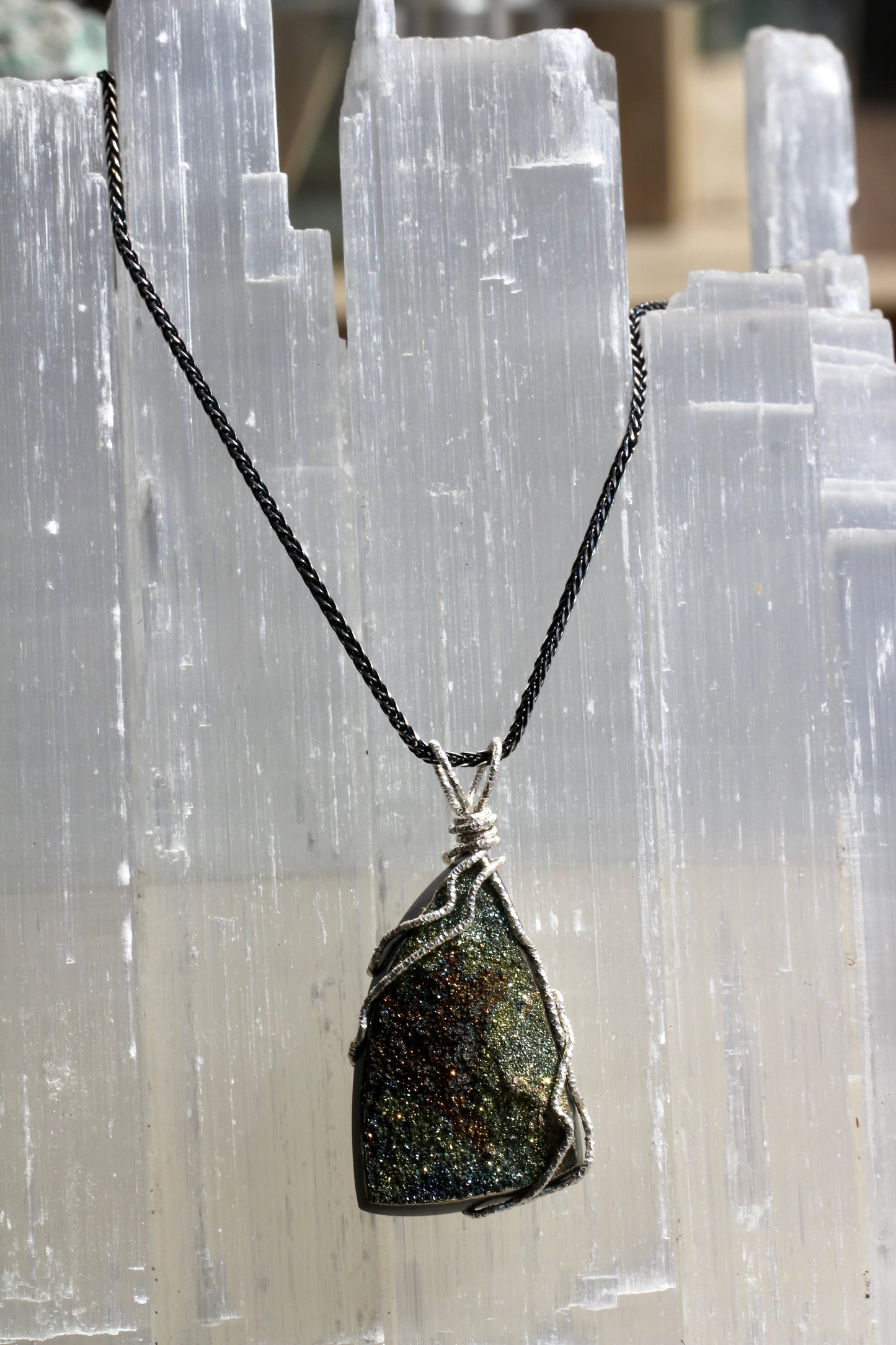Rainbow Pyrite Freeform Silver Wrap Pendant