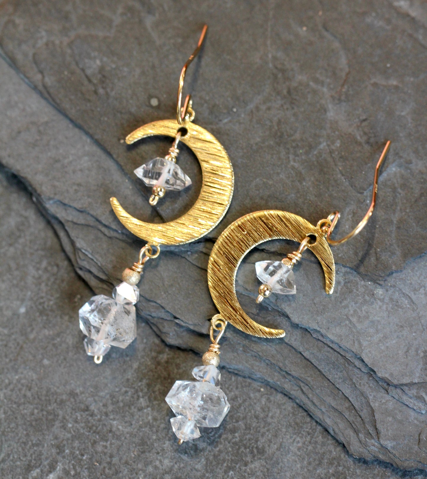Brass Moon Quartz Crystal Moon Earrings