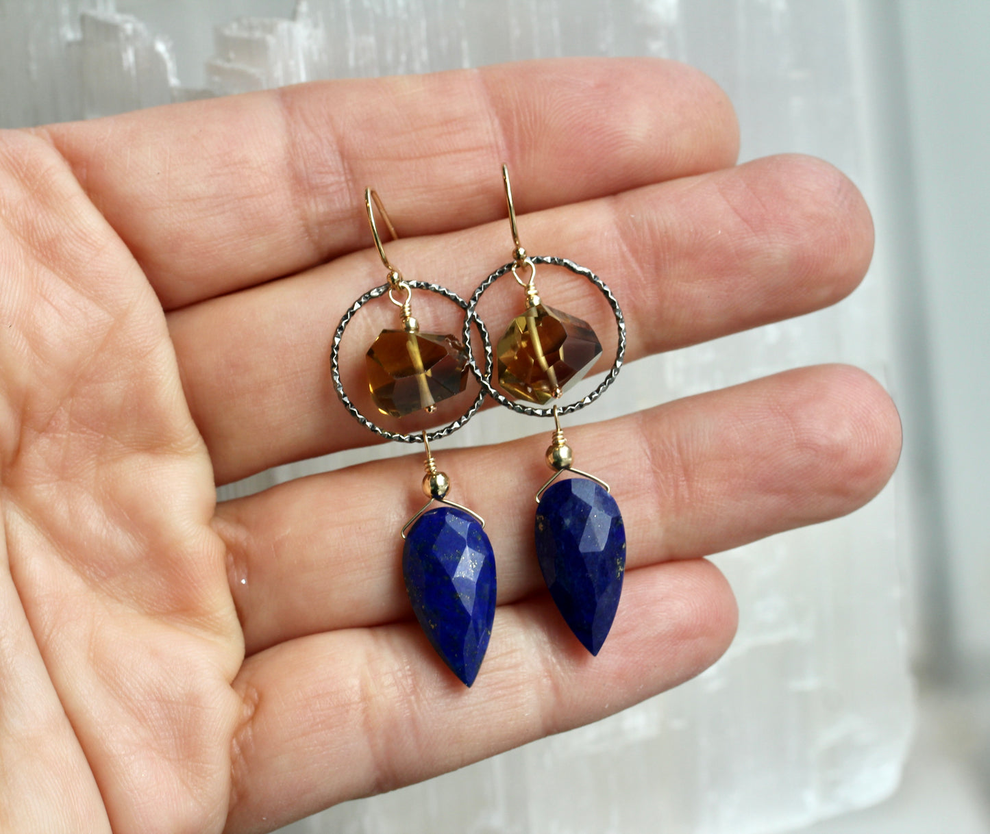 Lapis Beer Quartz Hoop Drop Earrings
