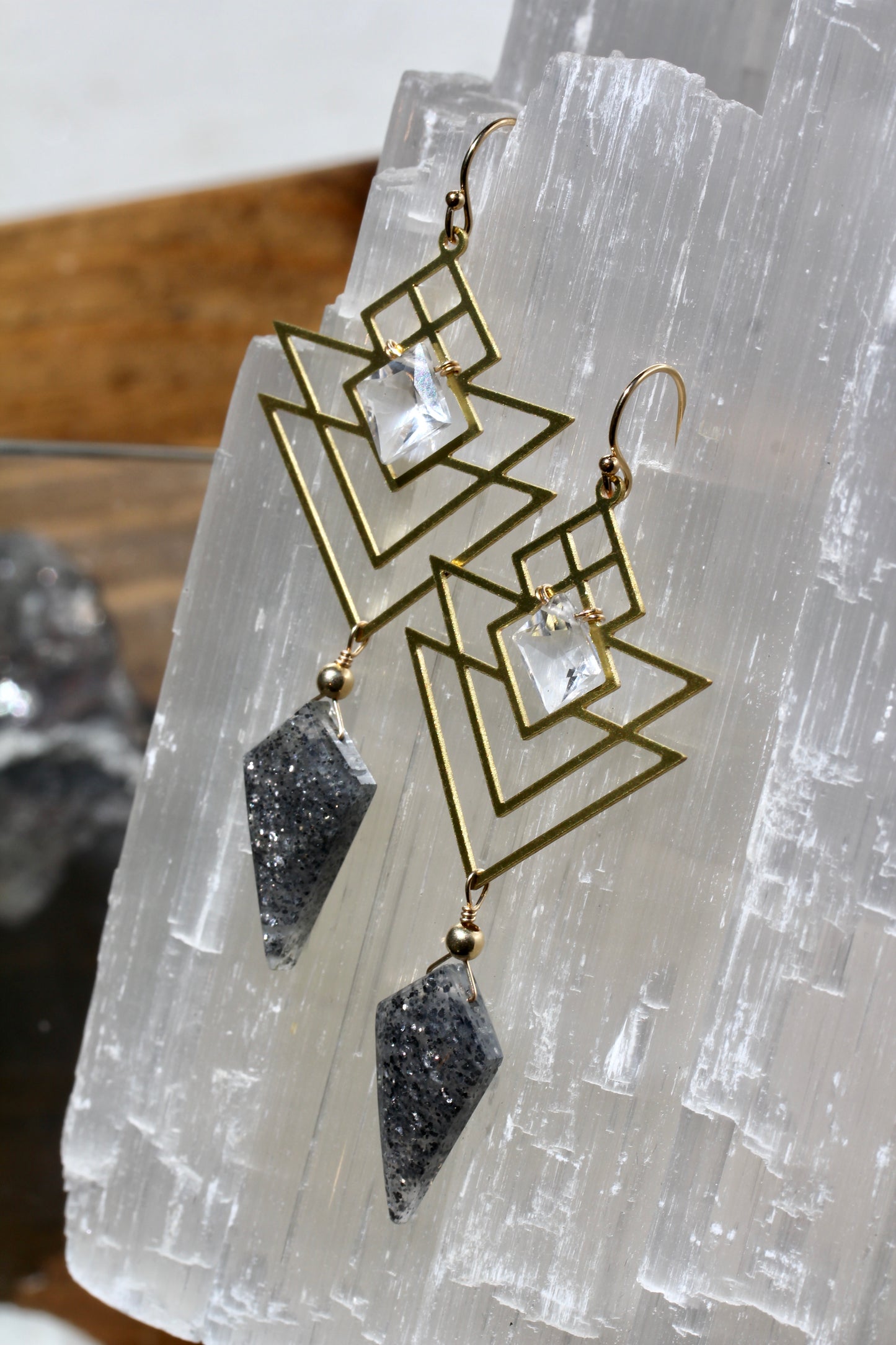 Black Sunstone Quartz Geometric Earrings