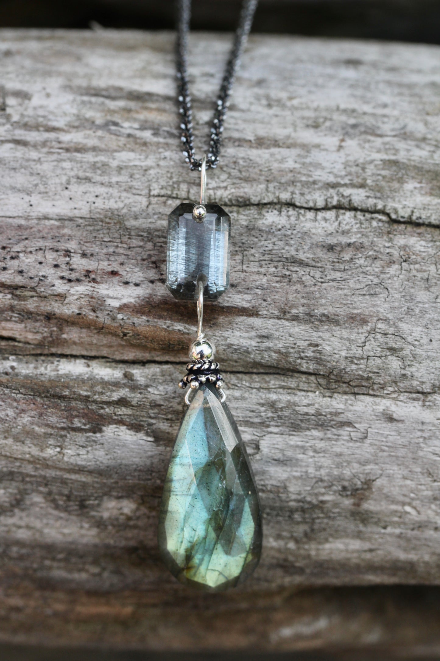 Labradorite Aquamarine Oxidized Silver Necklace