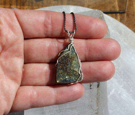 Rainbow Pyrite Freeform Silver Wrap Pendant