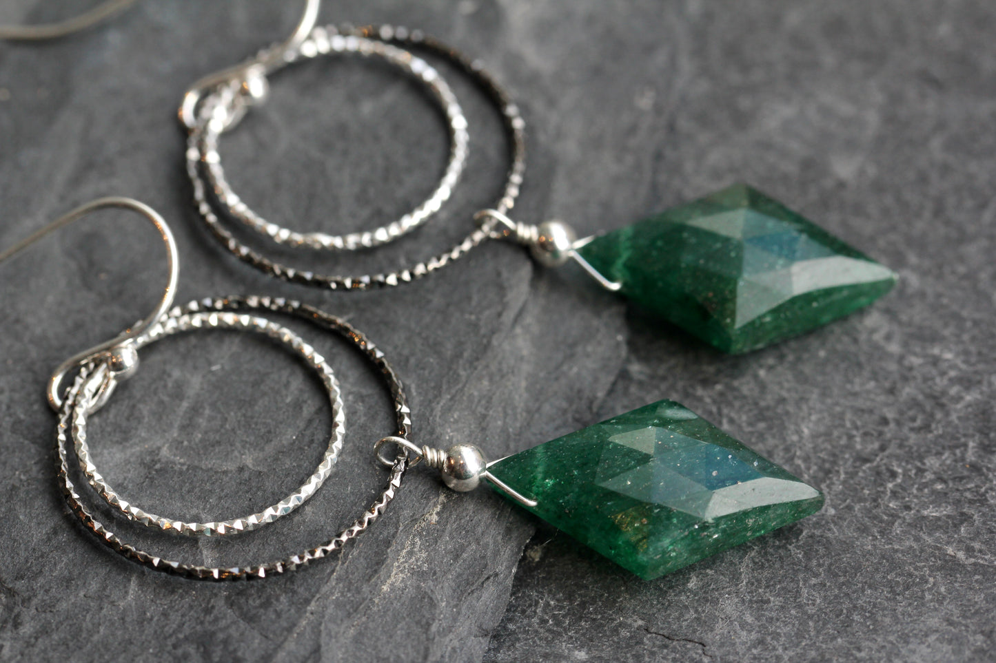 Green Aventurine Diamond Cut Double Ring Drop Earrings
