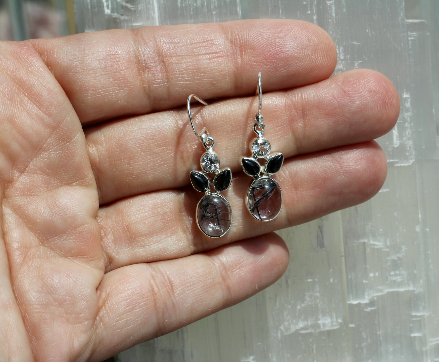 Tourmalinated quartz Onyx White Topaz Earrings