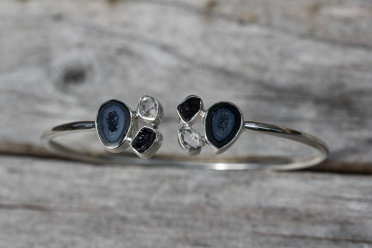 Geode Herkimer Diamond Silver Cuff Bracelet
