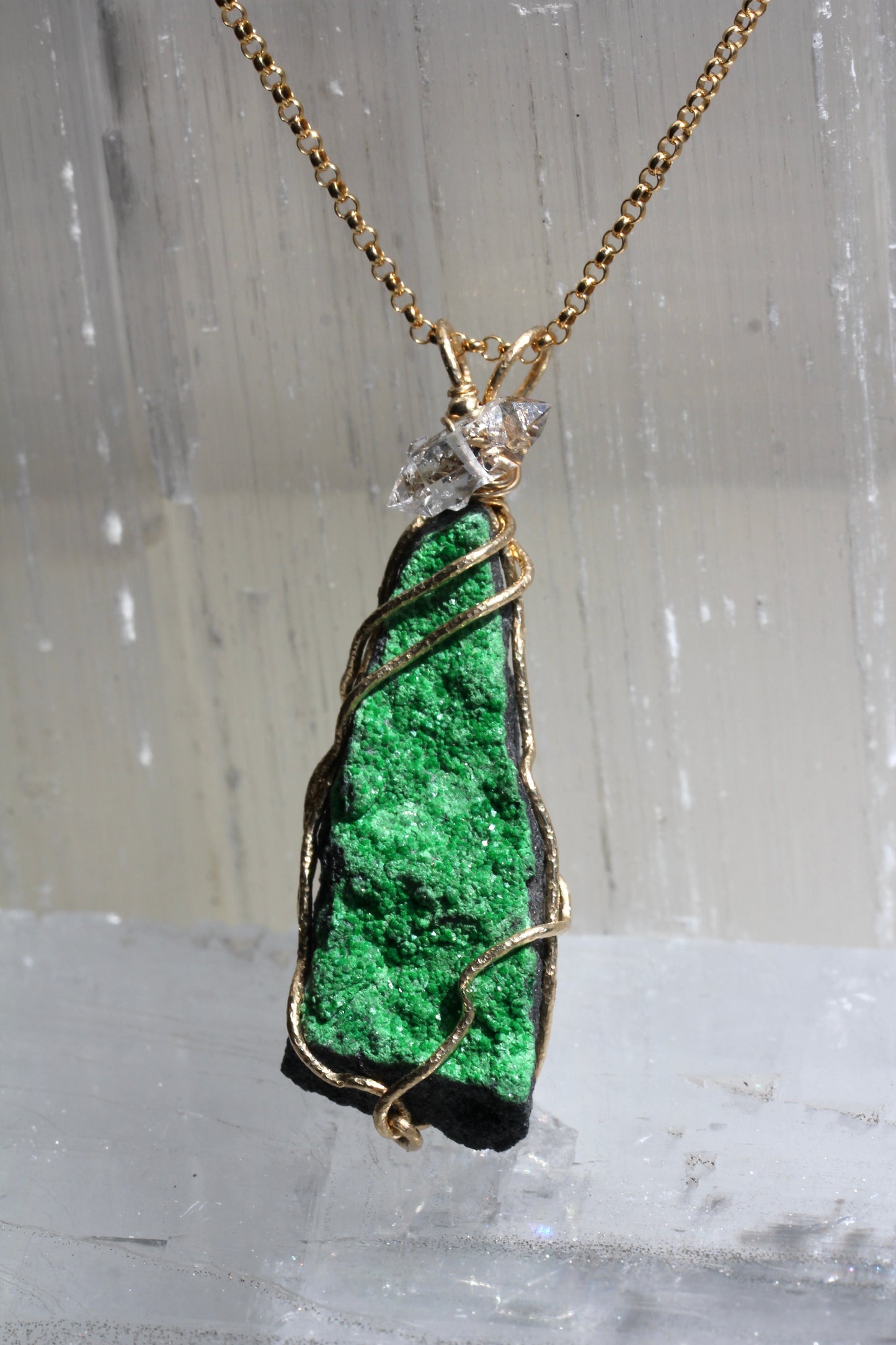 Uvarovite Druzy Pendant with Herkimer Diamond
