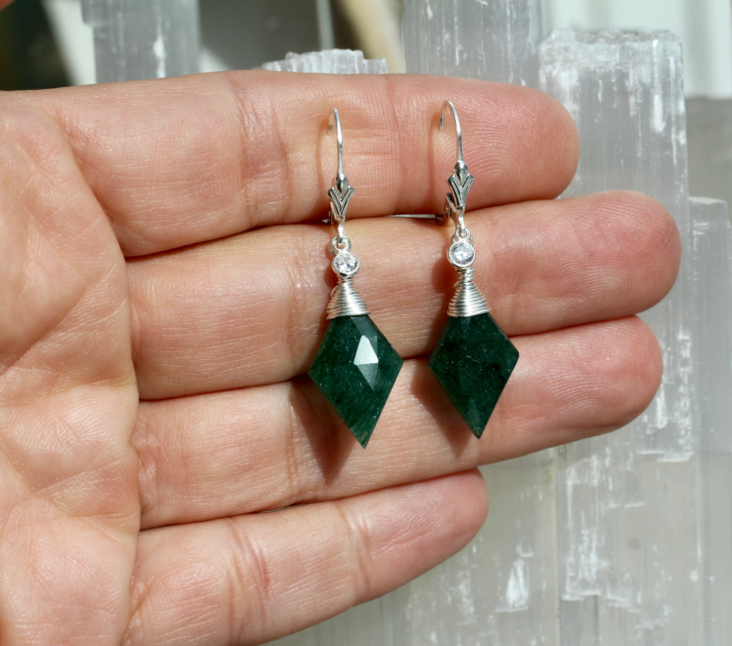 Green Aventurine CZ Diamond Drop Earrings
