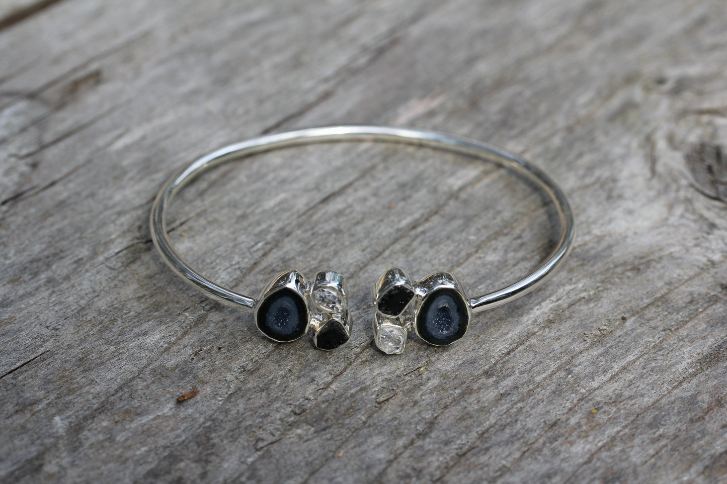 Geode Herkimer Diamond Silver Cuff Bracelet