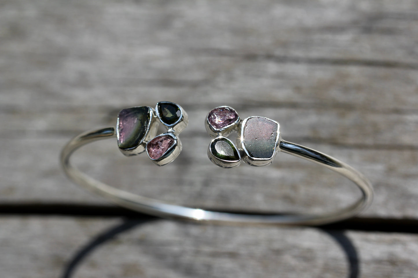 Watermelon Tourmaline Cluster Silver Bracelet