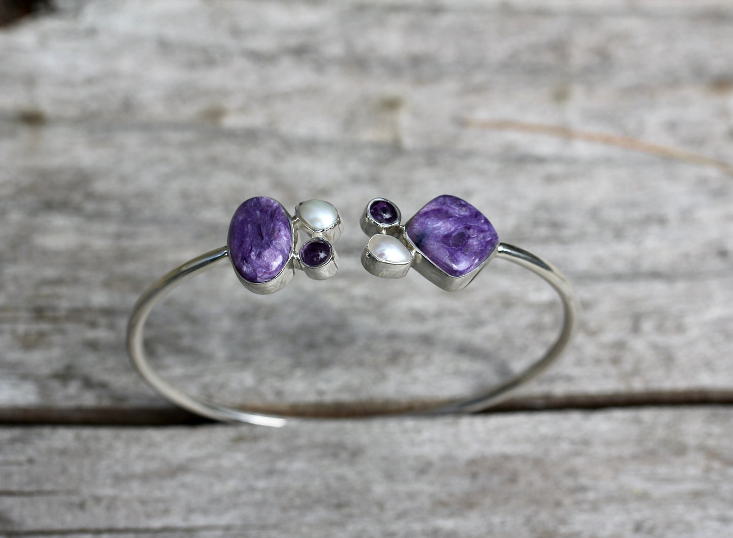 Charoite Pearl Amethyst Silver Flex Bracelet