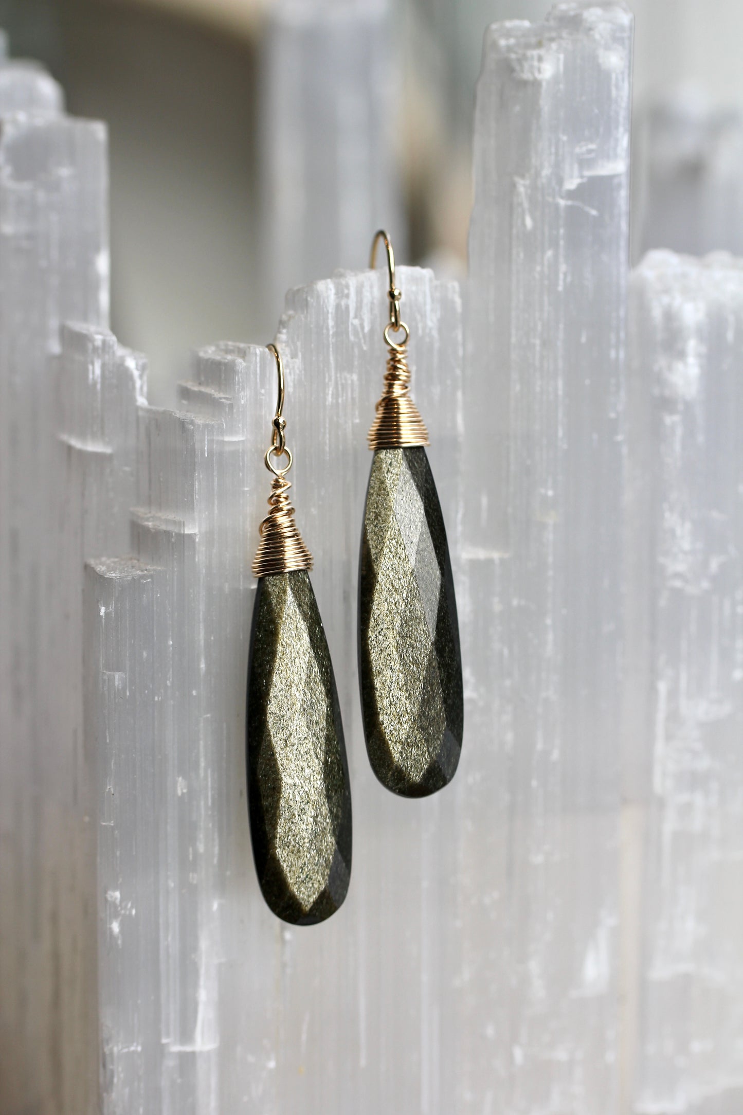 Gold Sheen Obsidian Long Teardrop Earrings