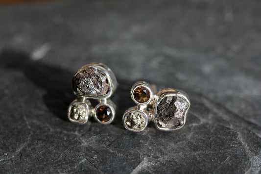Meteortie Pyrite Smokey Stone Cluster Post Earrings