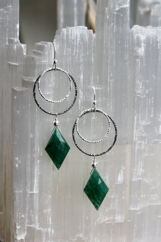 Green Aventurine Diamond Cut Double Ring Drop Earrings