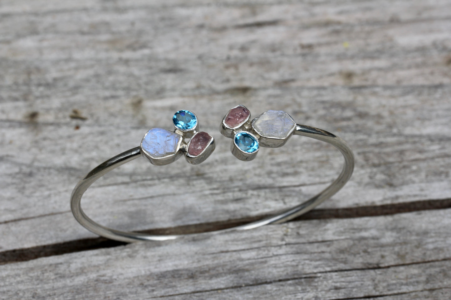 Rainbow Moonstone Blue Topaz Rose Quartz Silver Flex Bracelet