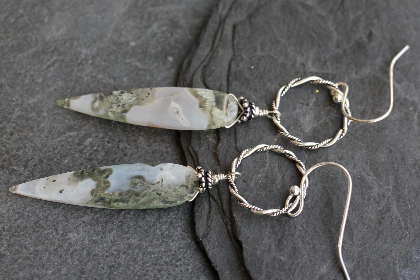 Moss Agate Long Ring Drop Earrings