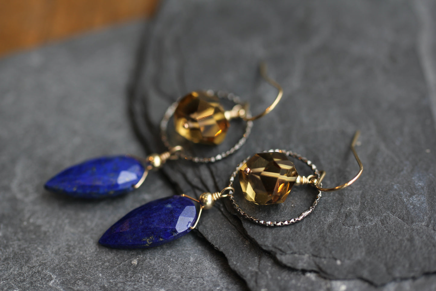 Lapis Beer Quartz Hoop Drop Earrings