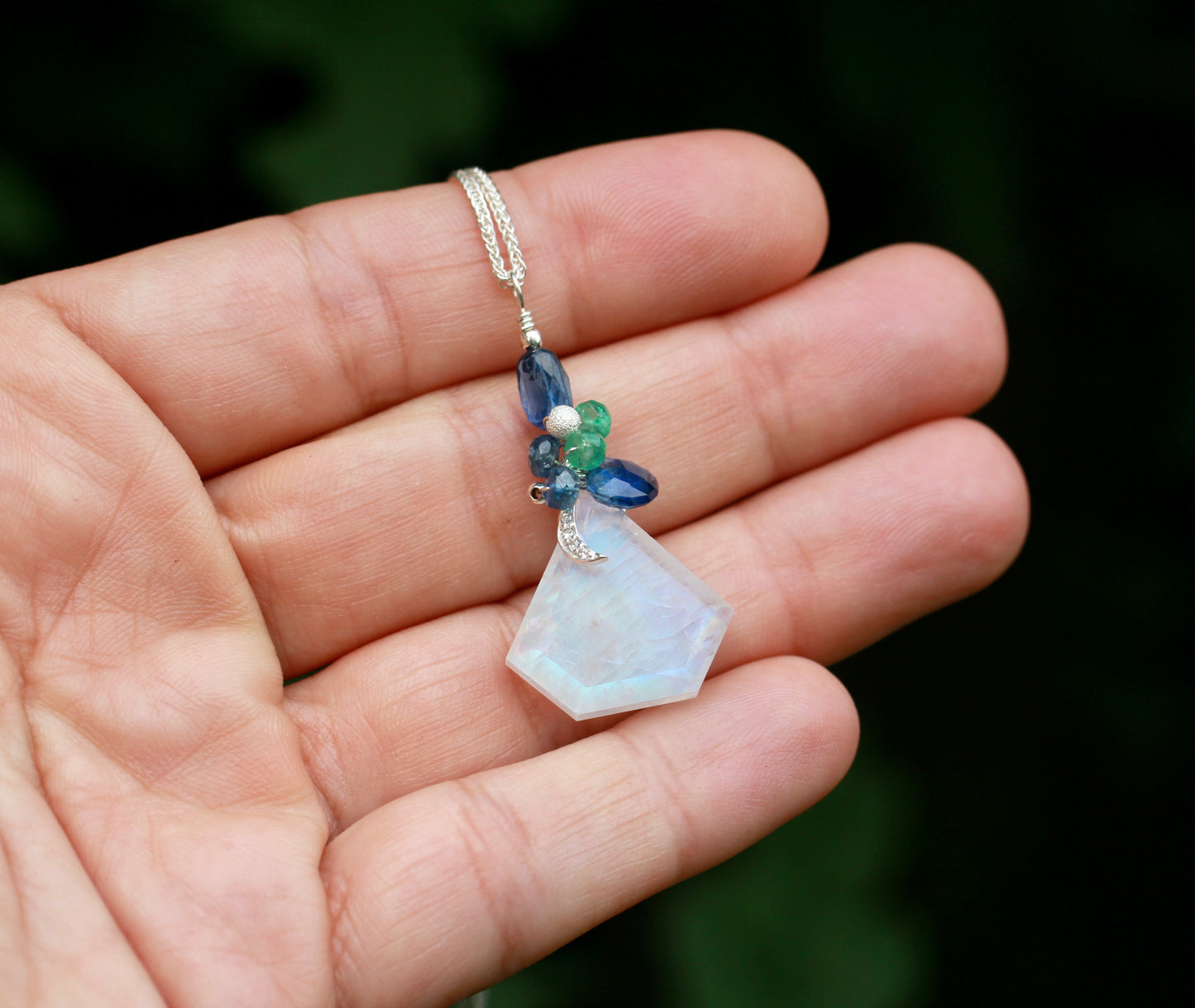 Rainbow Moonstone Moon Gem Necklace with Kyanite and Emerald