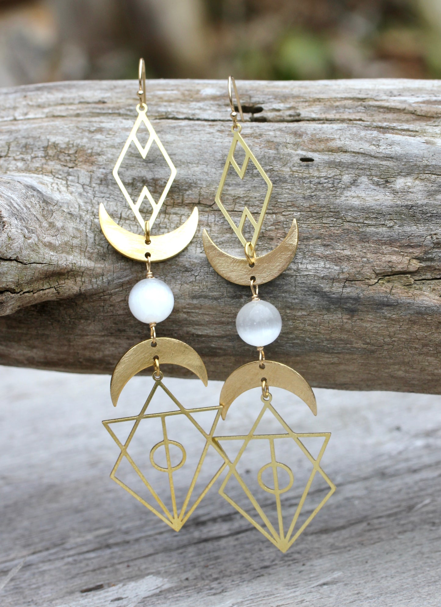 Geometric Selenite Moon Goddess Earrings