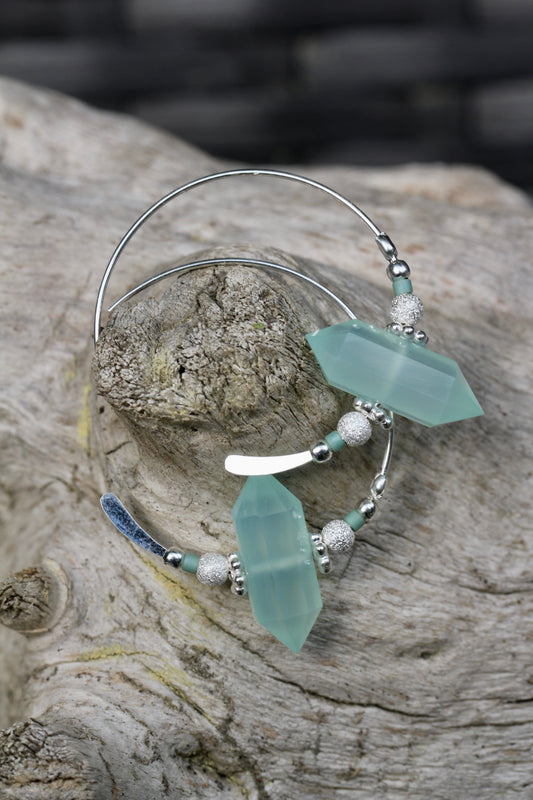 Aqua Chalcedony Crystal Point Hoops