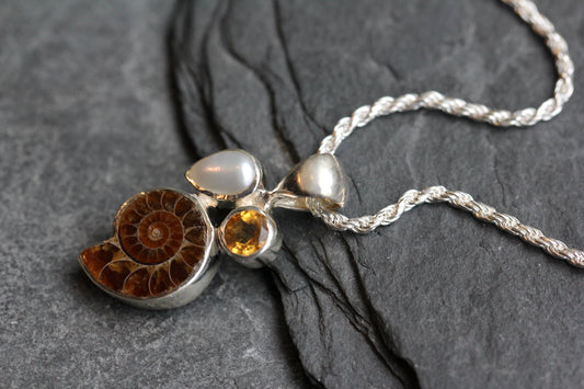 Ammonite Fossil Citrine Pearl Necklace