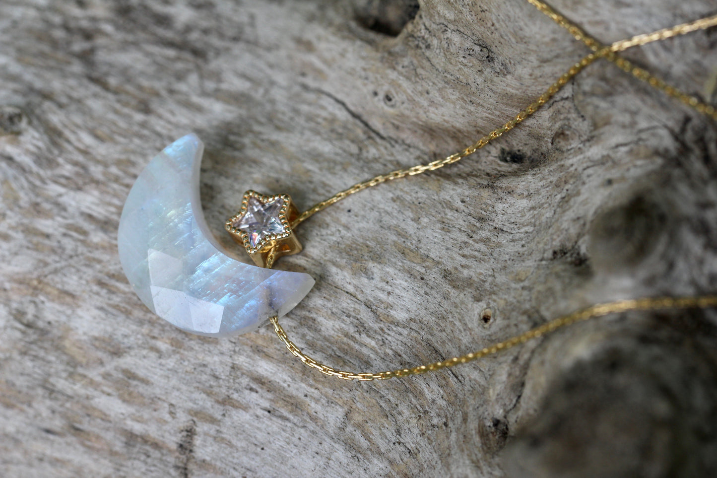 Rainbow Moonstone Moon Star Necklace