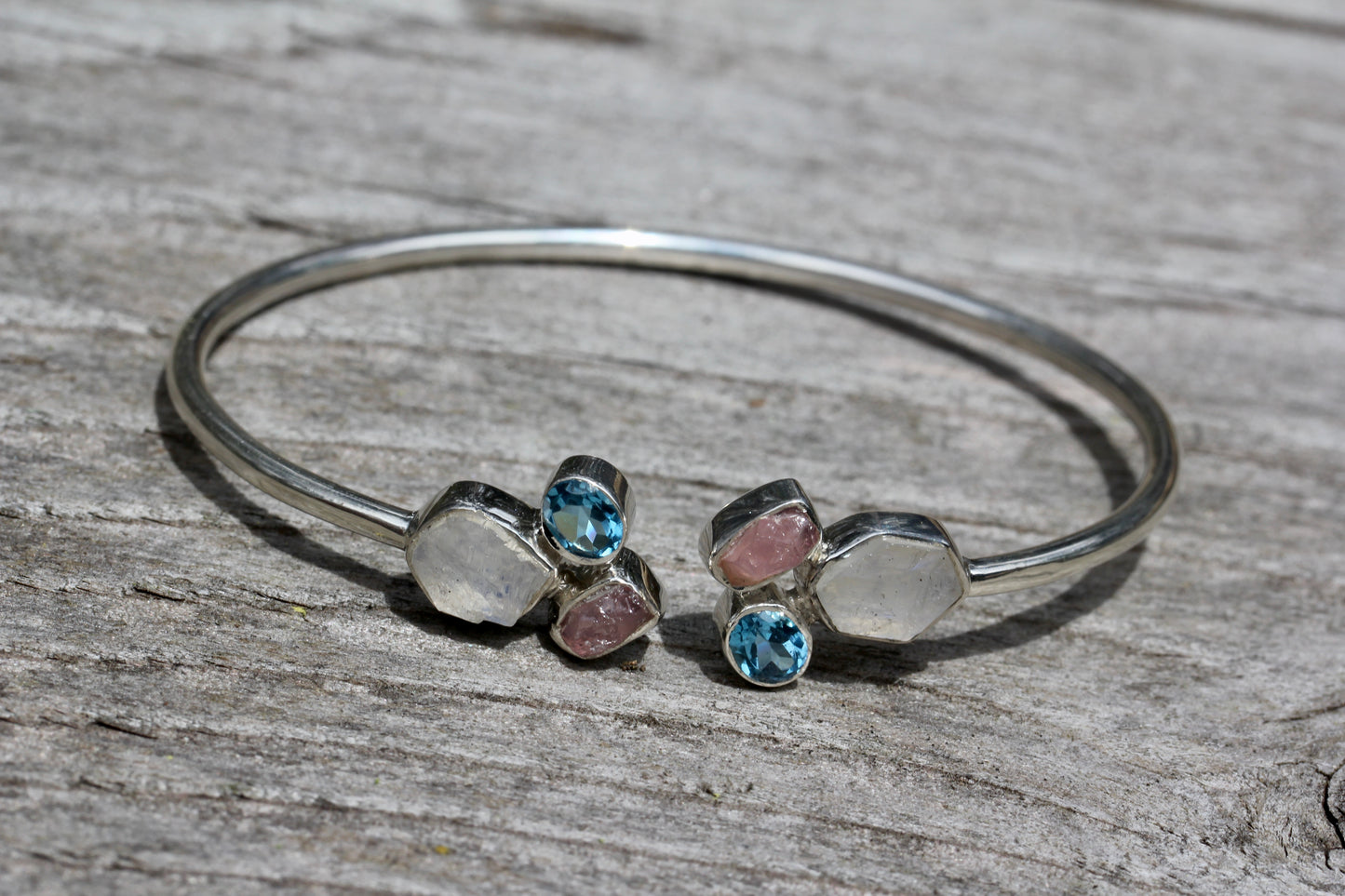 Rainbow Moonstone Blue Topaz Rose Quartz Silver Flex Bracelet