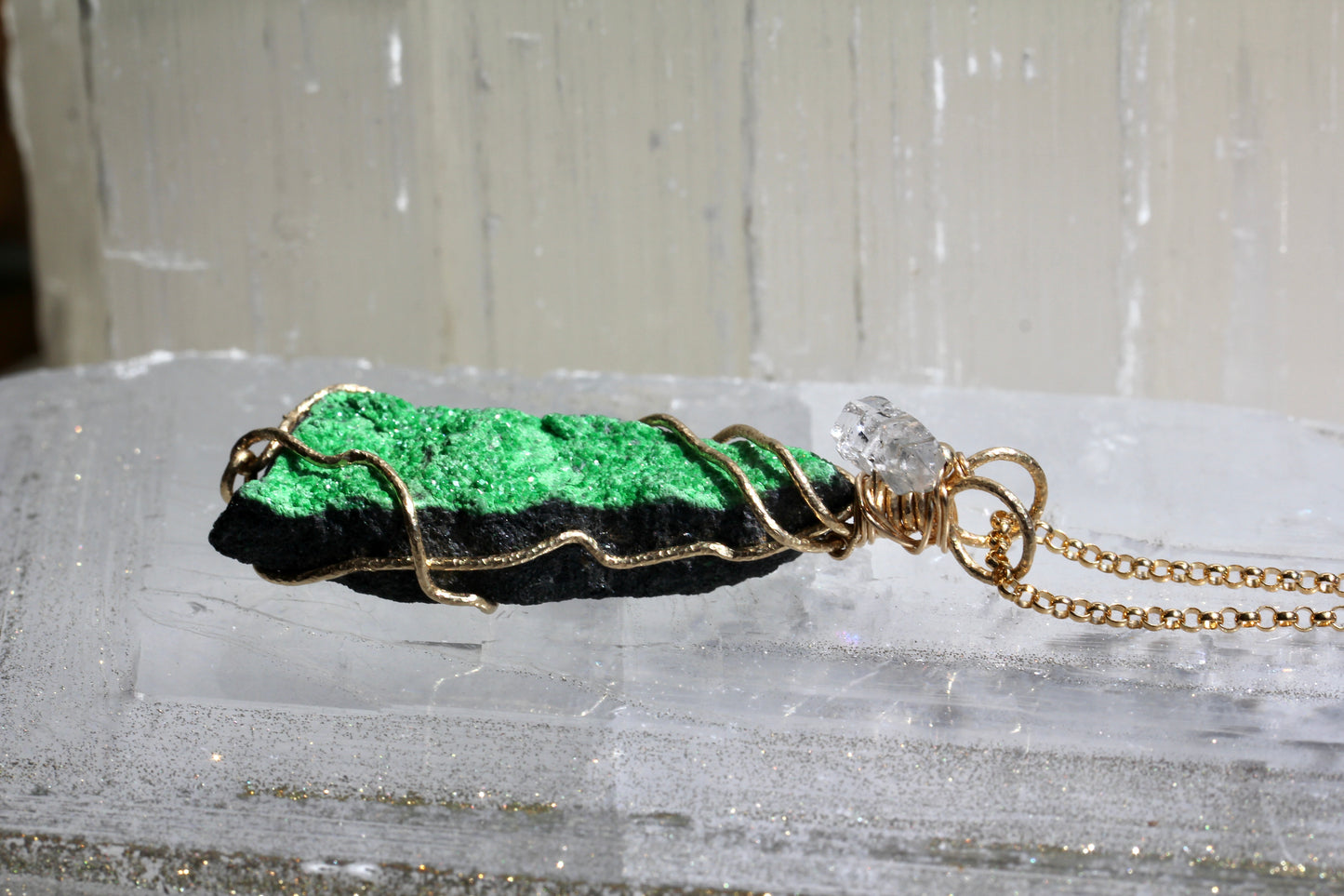 Uvarovite Druzy Pendant with Herkimer Diamond