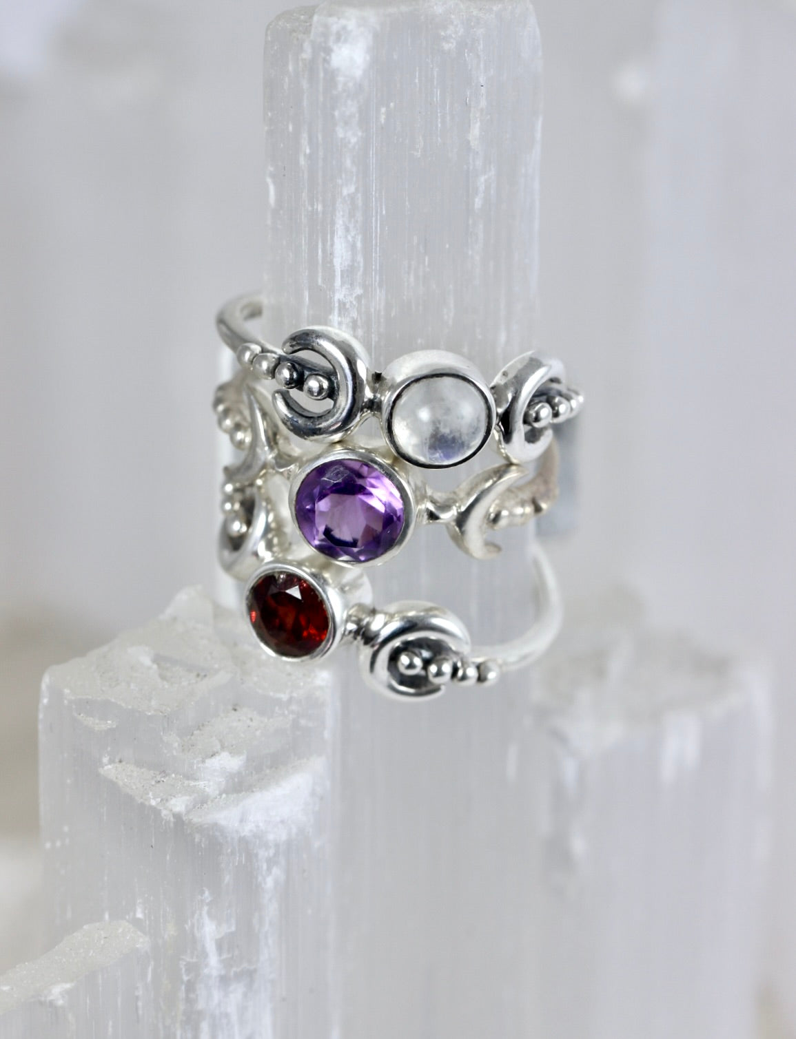 Triple Moon Crystal Rings