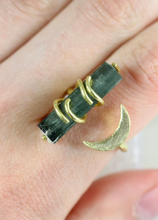 Green Tourmaline Crystal Moon Ring