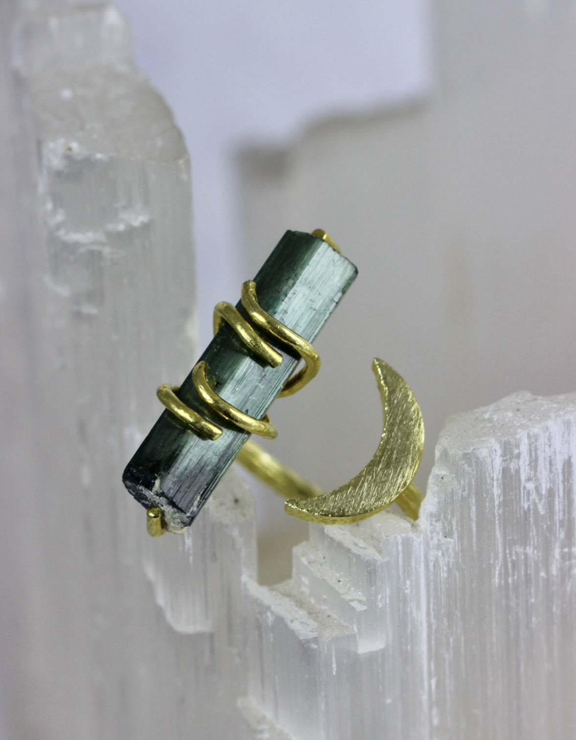 Green Tourmaline Crystal Moon Ring