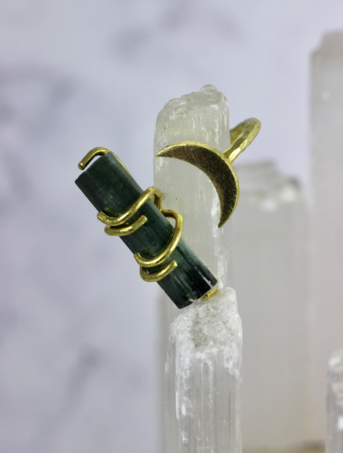 Green Tourmaline Crystal Moon Ring